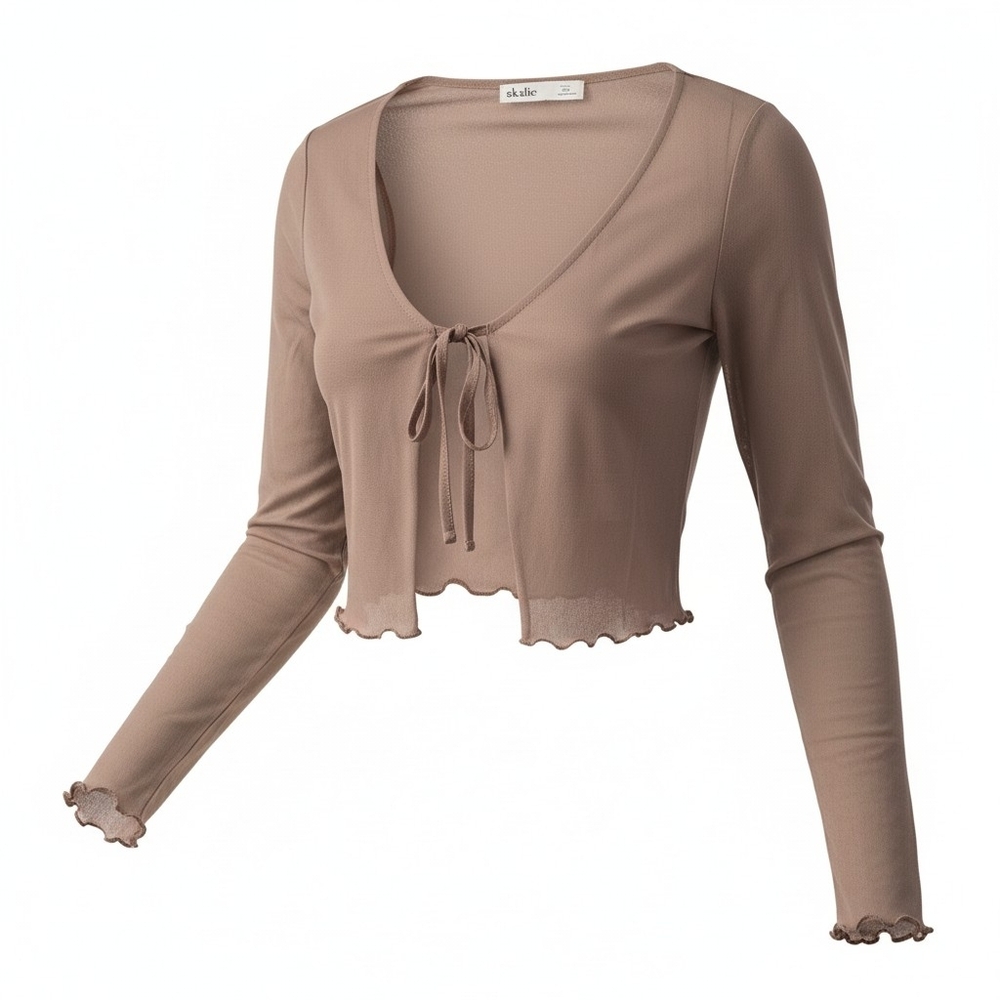 Elodie Taupe Tie-Front Long Sleeve Sheer Crop Top Size XS